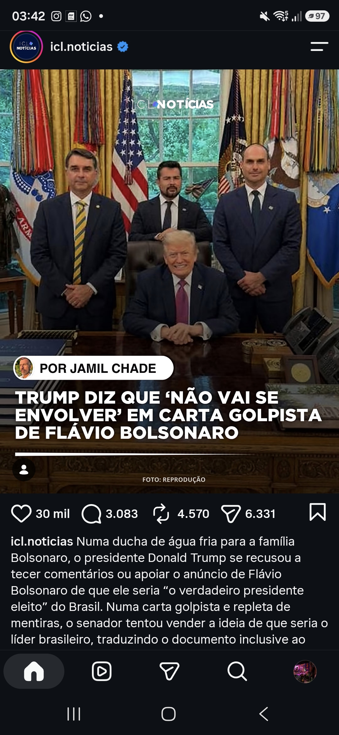 Trump diz que não vai se "envolver", após carta de Flávio Bolsonaro