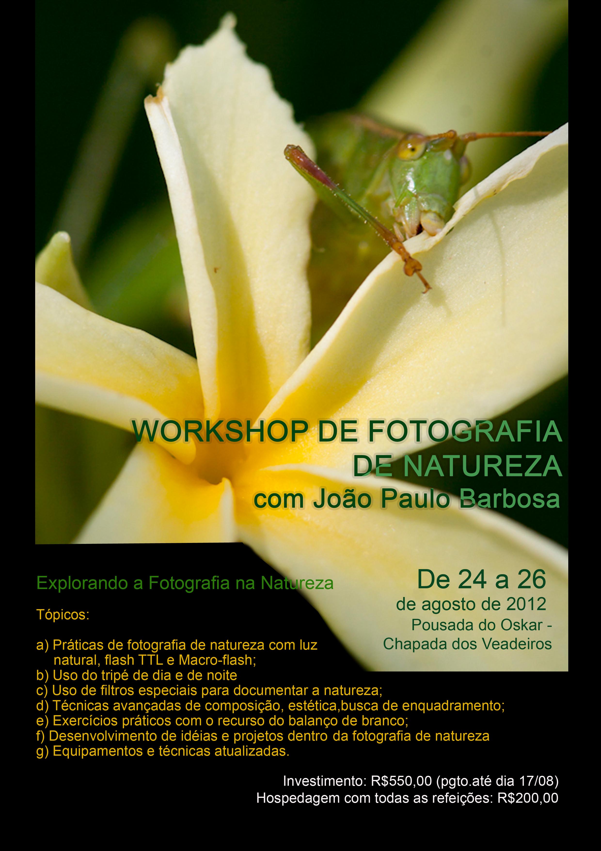 Workshop - Fotografia de Natureza - com Jo?o Paulo Barbosa -dias  24 a 26 de Agosto - ?s 8h.Onde:Pousada do Oskar
